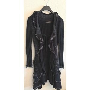 Forla Paris Black Ruffle Cardigan 3D Rosette Sequin‎ Lace Long Sweater Small